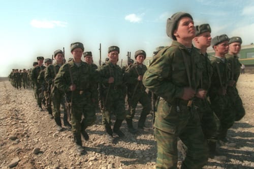 Russian troops marching in formation as reports confirm over 213000 casualties in Ukraine war