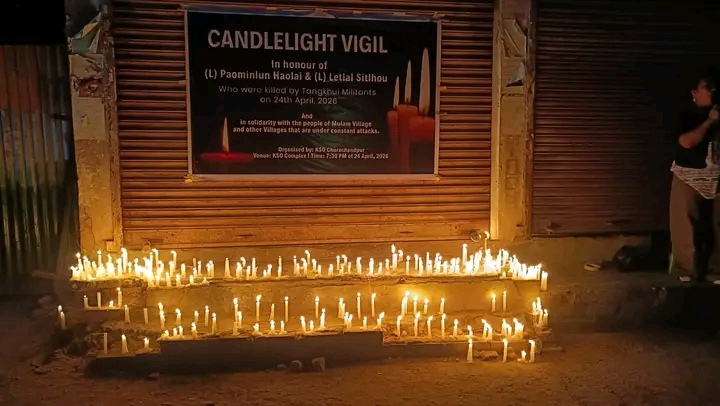 A candlelight tribute held in Churachandpur to honour Paominlun Haolai and Letlal Sitlou, as residents gathered in solidarity with affected villagers in Ukhrul district.