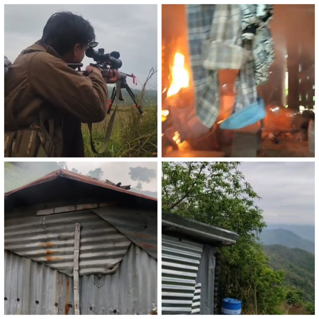 Collage showing a person with a rifle, burning structures, and dismantled sheds in a hilly area.
