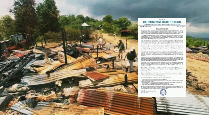 Destroyed village structures with Kuki CSO Working Committee press statement overlay