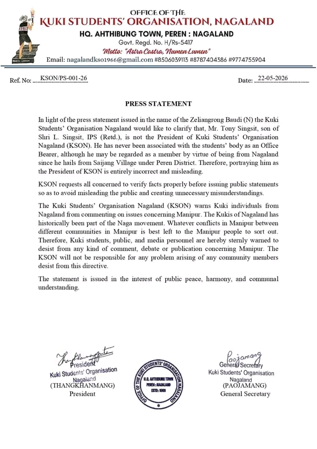 Press statement released by KSO-Nagaland regarding Tony Singsit leadership clarification
