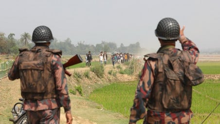 Security personnel near Bangladesh Myanmar border after deadly landmine explosion in Bandarban