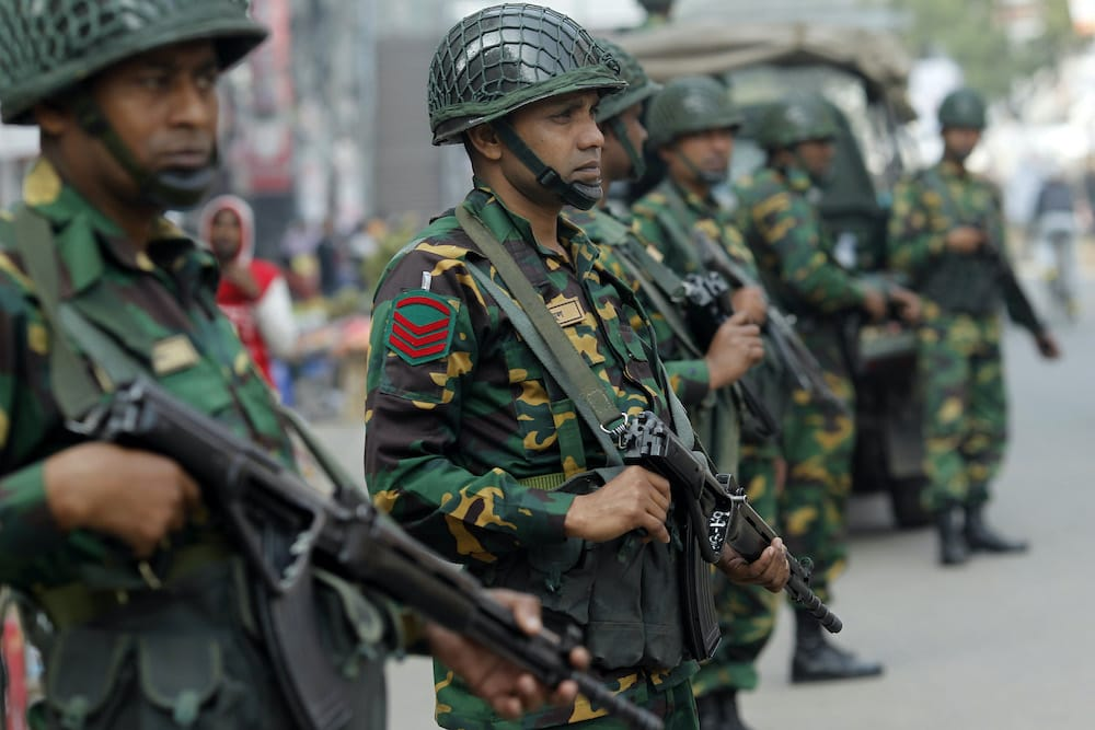 Bangladesh Army soldiers standing guard during a security operation