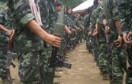 Armed cadres standing in formation during a gathering