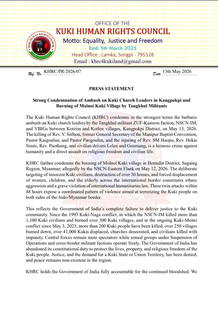 KHRC Condemns Kangpokpi Ambush, Molnoi Village Burning; Slams Centre for Failing Kukis image