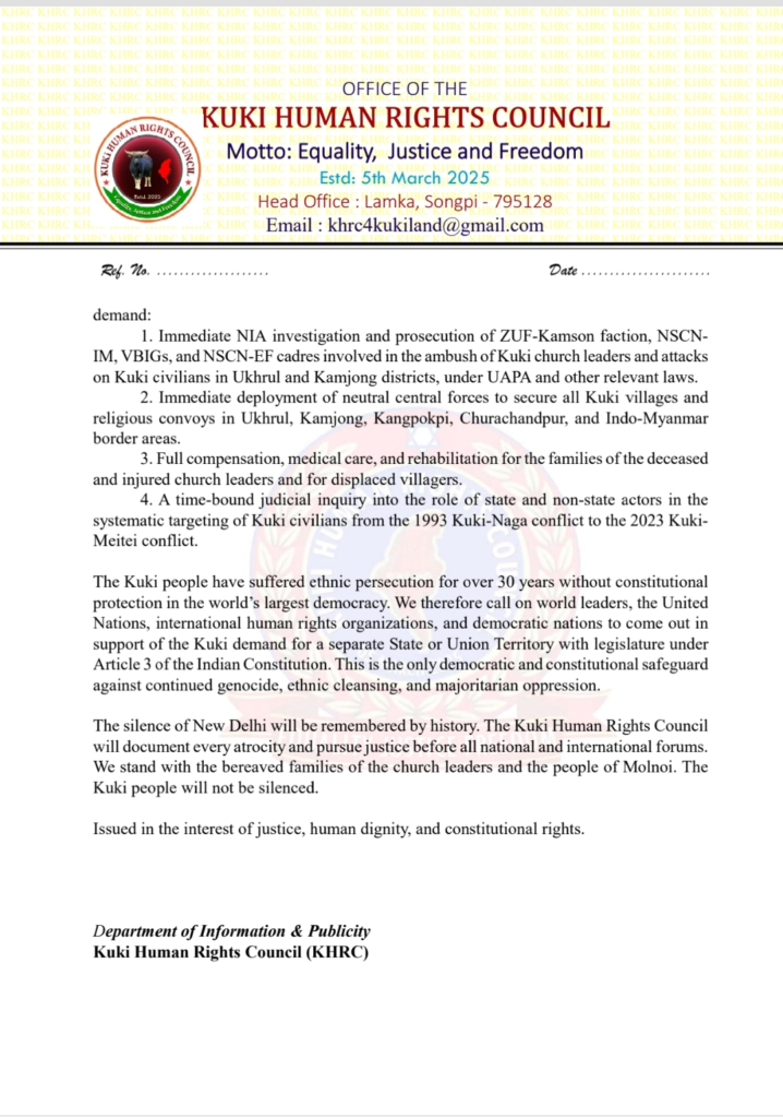 KHRC Condemns Kangpokpi Ambush, Molnoi Village Burning; Slams Centre for Failing Kukis KHRC press statement regarding attacks on Kuki church leaders and Molnoi village
