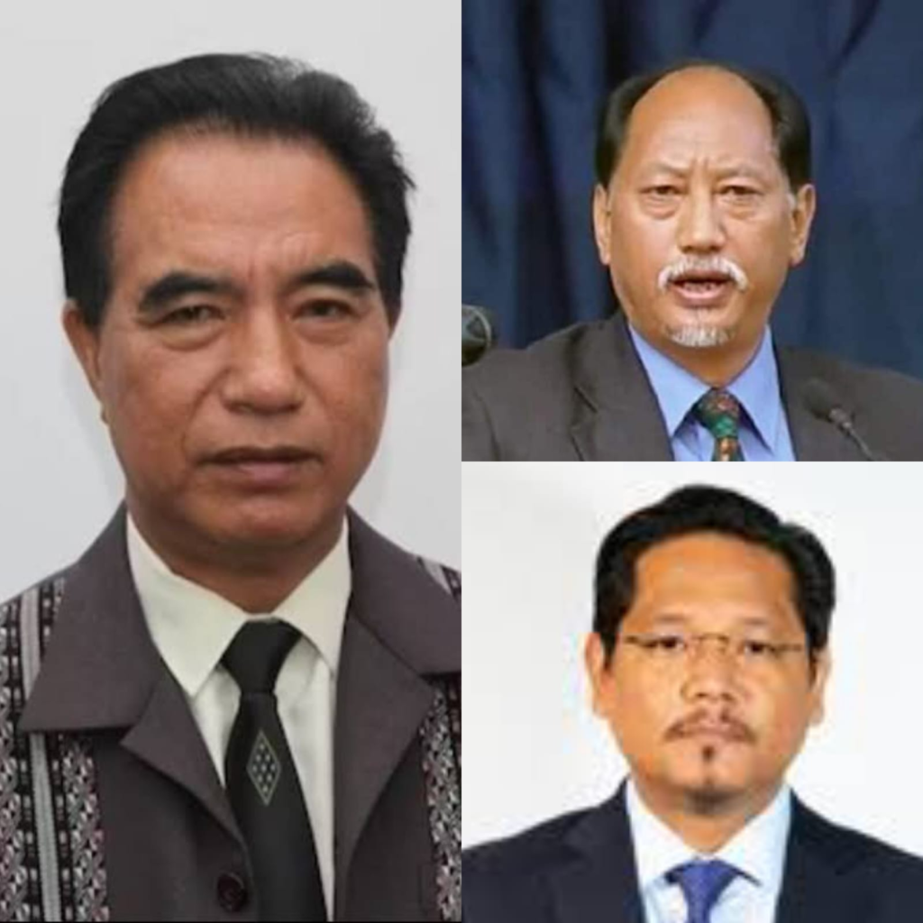 Portrait collage of Neiphiu Rio, Lalduhoma and Conrad Sangma