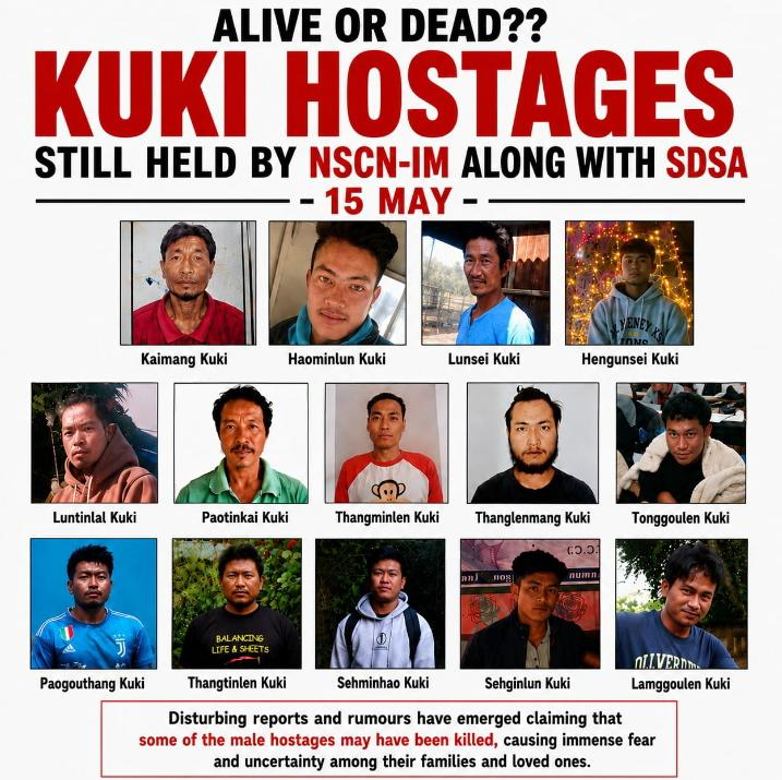 14 Kuki Hostages Still With NSCN-IM, SDSA; Centre Urged to Intervene Poster showing names and photographs of 14 Kuki hostages reportedly held by NSCN-IM and SDSA