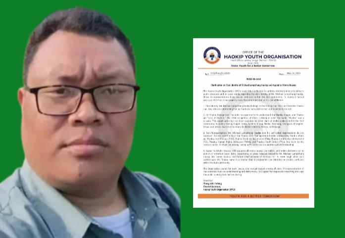 Portrait of Michael Lamjathang Haokip beside HYO press release on clan identity clarification