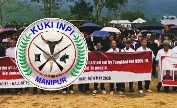 Kuki Inpi logo displayed over a protest rally in Churachandpur demanding release of hostages