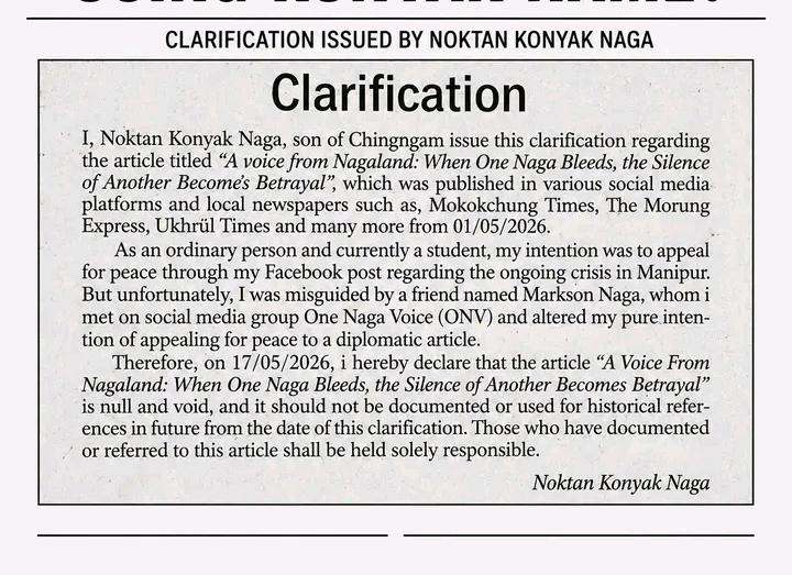 Document showing Noktan Konyak Naga’s clarification statement on a viral Manipur-related article